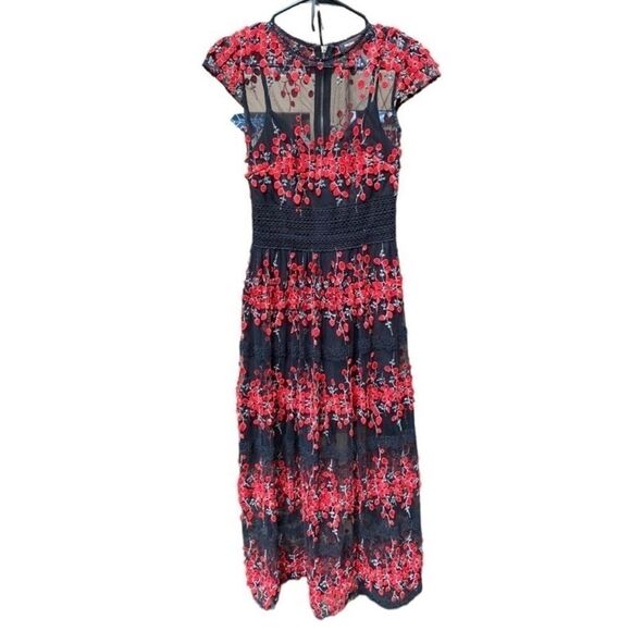 Bronx And Banco Gloria Midi Black Mesh in Red Floral Embroidery Dress - Picture 3 of 6